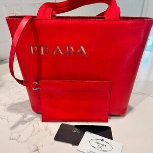Vintage Prada Red Leather Cut Out Tote Shopper